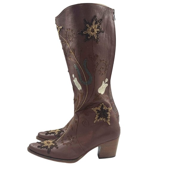 Erkan Demir Artemis Brown Leather Embroidered Western Cowgirl Boots Size 37/6